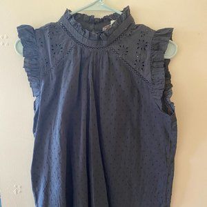 LOFT Petite M Navy Eyelet Ruffle Top